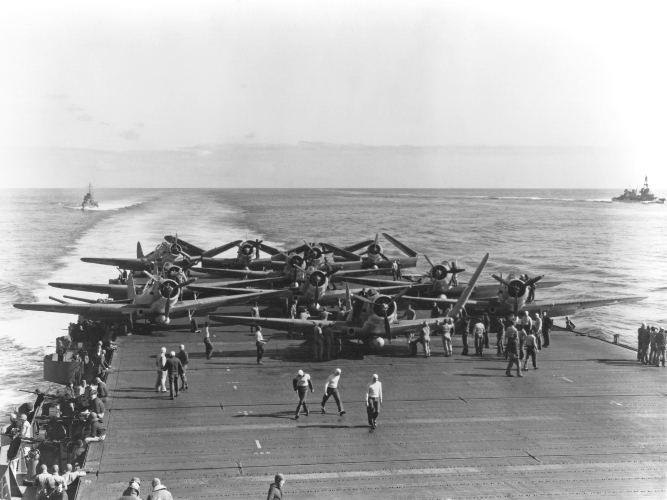 Devastator torpedo bombers from Torpedo Squadron Six preparing to launch from USS Enterprise during the Battle of Midway